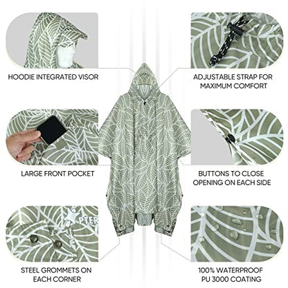 PTEROMY 3-in-1 Hooded Rain Poncho for Adult with Pocket, Waterproof Lightweight Unisex Raincoat for Hiking Camping Emergency - color: Antique Foliage