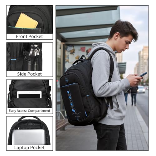 goldwheat School Backpack For Teen Boys, Lightweight Water-Resistant Boys Bookbag With Computer Compartment Fits 15.6" Laptop - color: Black Blue