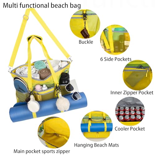 Mesh Beach Bag with Cooler Large Travel Family Vacation Essentials Pool Swimming Zipper Pocket Durable 9 Pockets - color: Yellow-green