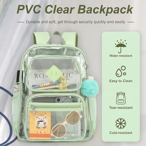 Heavy Duty Clear Backpack for Girls Boys Transparent School Bookbag Kids Durable PVC See Through Backpack - Matcha Green - color: Matcha Green