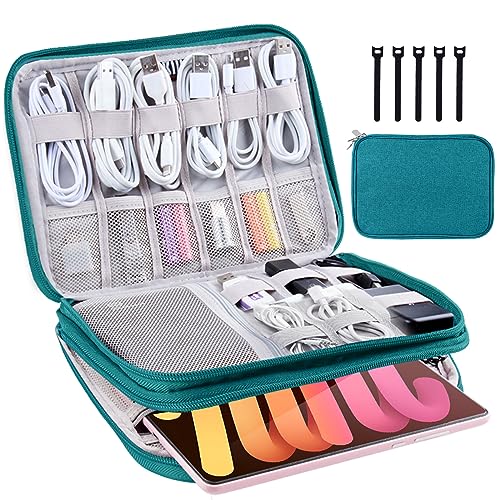 Electronics Organizer,Travel Cable Organizer Bag,Water Resistant Double Layers Pouch for Cable,Cord,iPhone,iPad Mini,Gift for Men Electronic Accessories Storage Case with 5 Cable Ties,Green - color: Green