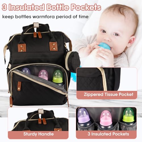 MosaiRudo Diaper Bag Backpack Baby Bag,Waterproof, Travel Diaper Bags with Pacifier Case for Baby Girl Boy Backpack for Women (Black) - color: Black