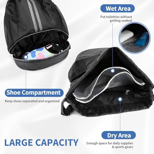 Drawstring Backpack Gym Bag with Shoe Compartment - Ideal for Basketball, Swimming, Beach Activities, Unisex - color: Black