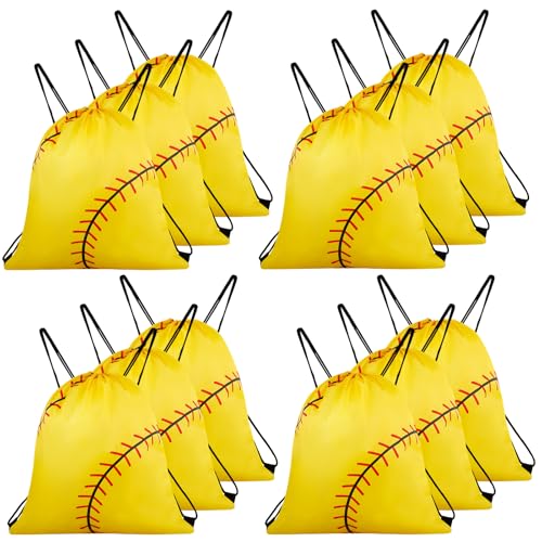 12 Pcs Softball Drawstring Bags,Party Favor Bags Gift Bags, Softball Goodie Bags,Sports Drawstring Backpack for Gym Outdoor Running Sports(Yellow) - color: Yellow