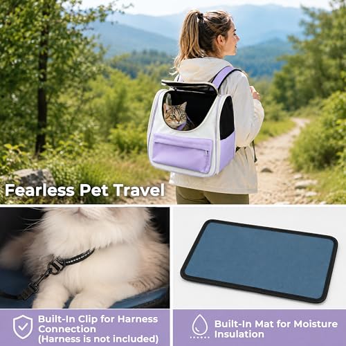 Cat Backpack Carrier, Foldable Pet Carrier Backpack for Cats and Small Dogs, Built-in Safety Clip, Dual-Sided Ventilation Mesh, for Travel, Walking, Hiking & Vet Visits, Purple