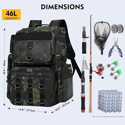 MGB Fishing Tackle Backpack with Rod Holders & YKK Zipper, 46L Fishing Bag with Bottle Holder, Storage Bag Store Fishing Gear - color: Green+black Camo（without Tackle Box）