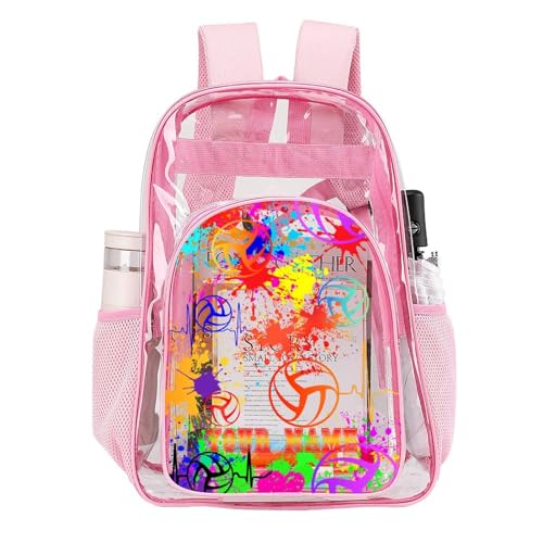 Custom Volleyball Clear Backpack Heavy Duty for Girls Kids Boys | Large Cool PVC Volleyball Theme Printing Transparent Backpacks for Schools Stadium Concerts Work - Clear/Pink - color: Volleyball Clear Backpack 1 Pink With Front Pocket Custom