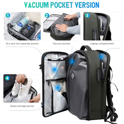 BANGE Travel Backpack with Vacuum Pocket and TSA lock version can hold 15.6 inch Laptop suitable Overnight Flight Approved Anti-theft Bag - color: Green With Air Pump