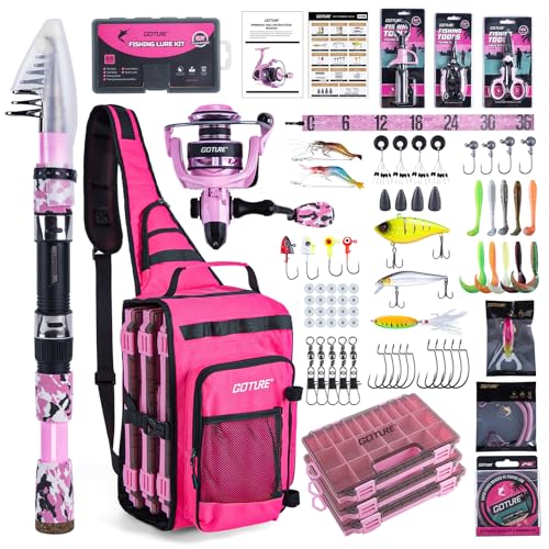Goture Pink Fishing Rod and Reel Combo - ML Action Spinning Reel Pole with Pink Bag - Telescopic Rod Kit for Starter Travel Saltwater Freshwater, Gift for Woman - color: Pink Pole - Sling Bag with 3600 Trays, size: 9FT/2.7M