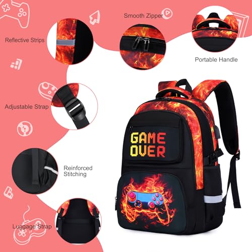 3PCS School Backpack for Boys, Cool Gamer Boys Backpack with Lunch Box and Pencil Case for Kids Kindergarten Teens Elementary Middle School Bag with Convenient Charging Port,Gaming Bookbag Waterproof - color: Red Flame