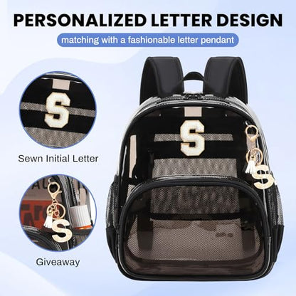 PIG PIG GIRL Clear Backpacks for Stadium Events Approved 12×6×12 Clear Bookbag for Women Mini Transparent Letter Back Pack, Semi-black, Letter-S - color: Semi Black, style: S
