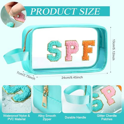 Kacctyen Clear Beach Swim SPF Makeup Bag Preppy Chenille Letter Cosmetics Nylon Toiletry Waterproof Makeup Travel Pouch Snack Bags for Women(Blue,Spf) - color: Blue, style: Spf