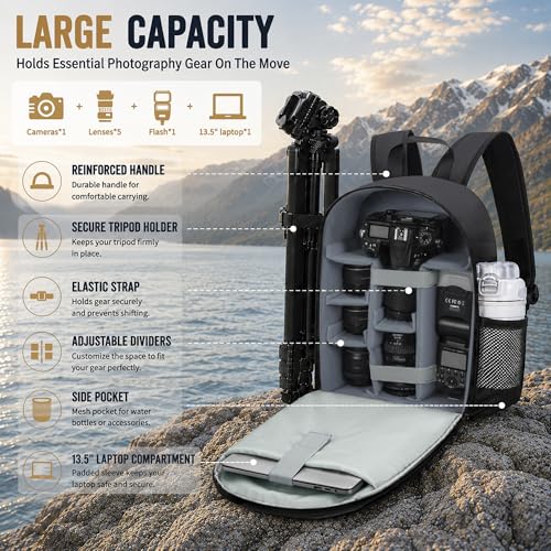 Camera Backpack for Photographers, DSLR Camera Bag with 13.5” Laptop Compartment & Tripod Holder, Professional Photography Camera Case Compatible for Sony Canon Nikon Travel Hiking Gift Black Orange - color: Grey