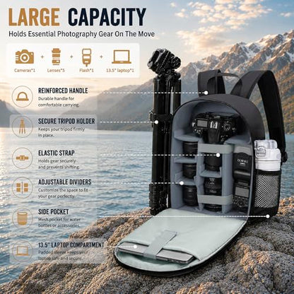 Camera Backpack for Photographers, DSLR Camera Bag with 13.5” Laptop Compartment & Tripod Holder, Professional Photography Camera Case Compatible for Sony Canon Nikon Travel Hiking Gift Black Orange - color: Grey