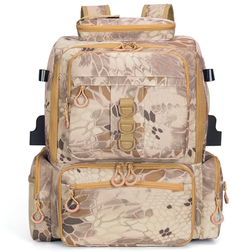 Rabjen Fishing Tackle Backpack, 45L Storage Waterproof Travel Bag Store Fishing Gear with Insulated Top Pocket - color: Camouflage Khaki, style: Standard Size 4 Tackle Boxes Not Included 900d Nylon