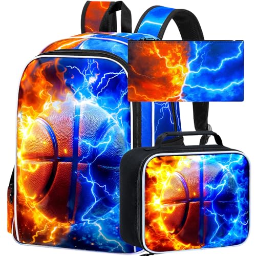 AGSDON 3PCS Basketball Backpack for Boys, 17" Kids Bookbag with Lunch Box for Boy, Flame Thunder Backpacks Water Resistant and Lightweight for Teen - color: Basketball