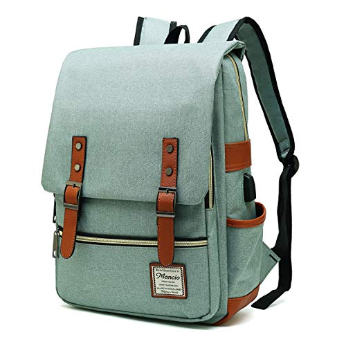Mancio Vintage Laptop Backpack with USB Charging Port, Slim Tear Resistant Business Backpack for Travelling, College, Casual Daypacks for Men,Women, Fits up to 15.6Inch Notebook, Green - color: Green
