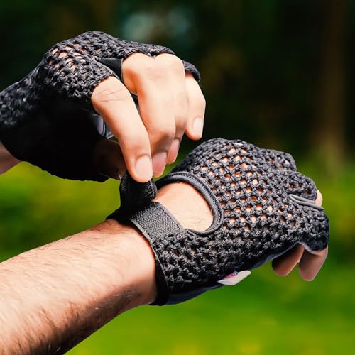 Leather Padded Crochet Back Breathable Fingerless Weight Lifting, Cycling Workout Gloves, Black (Medium)