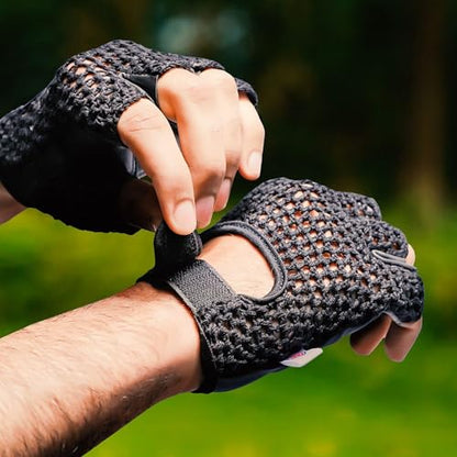 Leather Padded Crochet Back Breathable Fingerless Weight Lifting, Cycling Workout Gloves, Black (Medium)