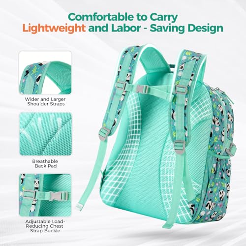 Choco Mocha Kids Backpack for Girls Panda Backpack Kids Elementary School Backpack for Girls Ages 6-8 Kid Bookbag 17 Inch with Chest Strap, Teal - color: Panda-teal Green