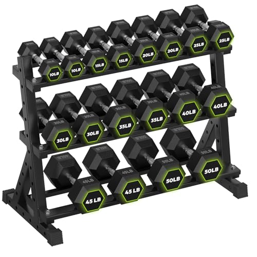 HANDBODE 3-Tier Dumbbell Rack Stand, 1000LB Capacity Storage Rack, Weight Rack for Dumbbells, Kettlebell, 390–700 lb Rubber Coated Fixed Weight Sets, Home Gym Strength Training Equipment - color: 540 lb Set (10-50 lb) *2 & Rack