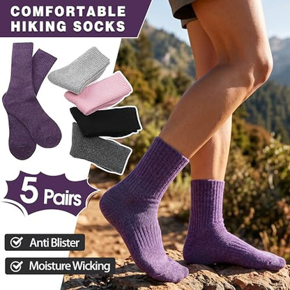 MOGGEI 5 Pairs Womens Merino Wool Socks Hiking Warm Winter Thick Thermal Crew Cozy Cabin Ladies Gift Comfy Boot Work Socks - color: Solid Color a