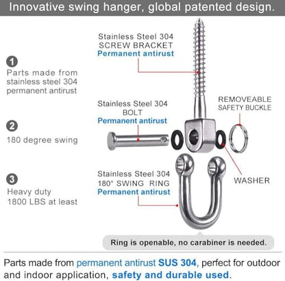 SELEWARE 4 Pack Swing Hangers Swing Set Hooks Stainless Steel Hammock Hooks for Porch Swing, Hammock Chair, Heavy Bag, Yoga Silk, Suspension Straps, Gymnastics Rings - color: Stainless 4 Pack Swing Hooks