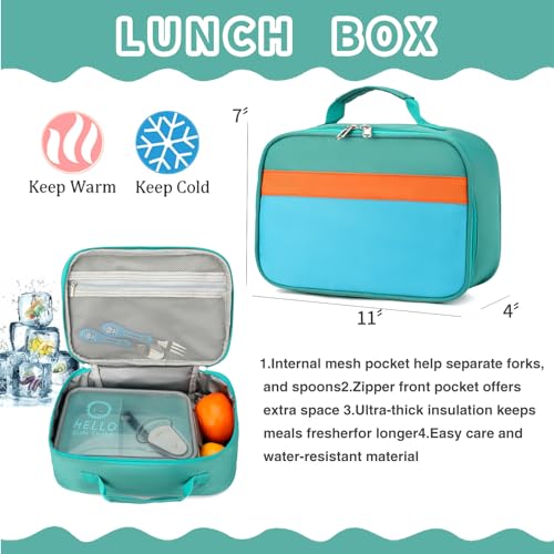 Backpack Set for Girls Boy Kids Backpack with Lunch Box for Elementary Primary Kindergarten School Bag (Lake Green Blue Set, Large) - color: Lake Green Blue