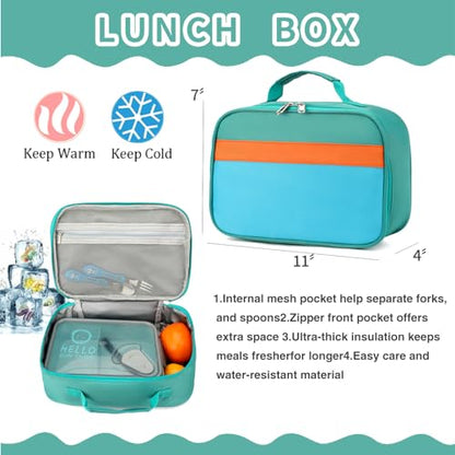 Backpack Set for Girls Boy Kids Backpack with Lunch Box for Elementary Primary Kindergarten School Bag (Lake Green Blue Set, Large) - color: Lake Green Blue