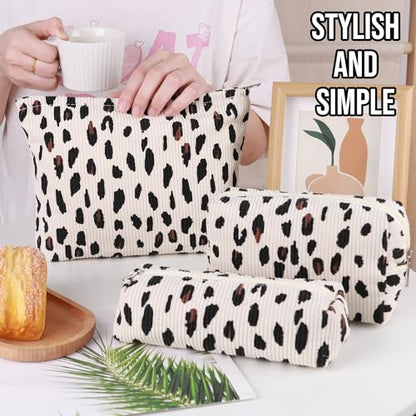 3 Pcs Makeup Bag Cosmetic Bag Set for Girls Women Travel Organizer Bathroom Toiletry Pouch Large Capacity Storage Bag (Leopard Beige) - color: Leopard Beige