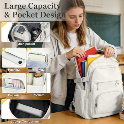 College Backpack for Women Bookbag, High School Backpack for Students Girls - color: A2-beige