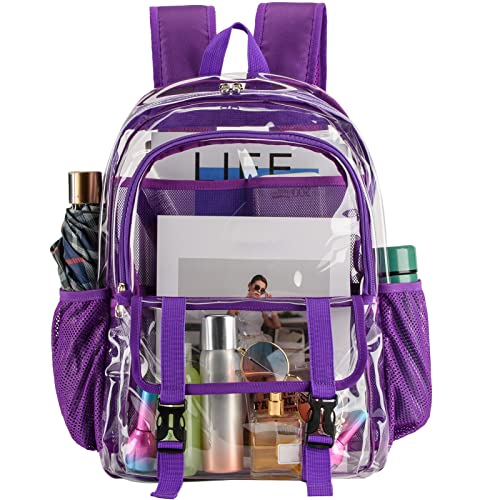 Clear Backpack, Large Clear Bag Stadium Heavy Duty PVC Transparent See Through Backpacks for Boys Girls, College, Work, Purple - color: Purple