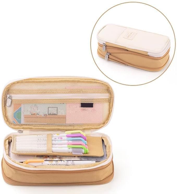 Arnuixty Large Storage Pencil Case Pen Bag with Zipper Big Capacity Pouch Organizer for Office Travel Holder Box - color: Khaki