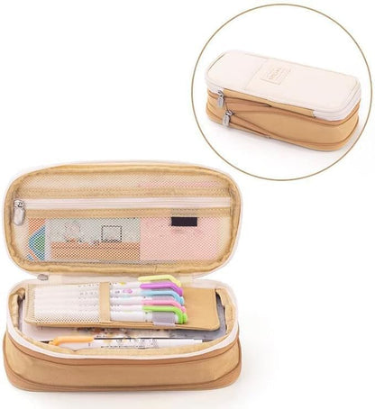 Arnuixty Large Storage Pencil Case Pen Bag with Zipper Big Capacity Pouch Organizer for Office Travel Holder Box - color: Khaki
