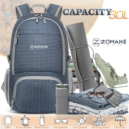 ZOMAKE Lightweight Packable Backpack 30L, Foldable Travel Hiking Daypack - color: B-plaid Royal Blue