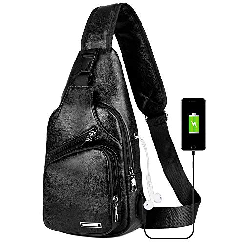 Peicees Leather Sling Bag Mens Crossbody Bag Chest Bag Sling Backpack for Men with USB Charge Port - color: Black, size: Large