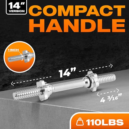 Yes4All Threaded Dumbbell Handles, Adjustable Dumbbell Bar Pair, 14/16/18/24-Inch Sizes, Fits 1" or 1.15" Plates, Non-Slip Grip, Secure Star-Lock Collars - color: 14"- Chrome - Silver, size: 1 inch
