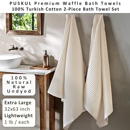PÜSKÜL Undyed-Raw Waffle Bath Towels Set of 2-Piece | Organic Natural 100% Turkish Cotton Towel | Premium Quality Body Towels for Bathroom & Sauna | 32x63 inch Large Bath Sheet | Earthy Spa Experience - color: Natural Beige