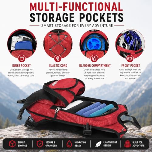 Zavothy Hydration Backpack with 2L Hydration Bladder Water Backpack for Hiking Hydration Pack for Running Cycling Hiking - color: Red