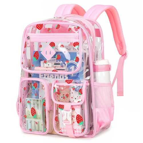 PIG PIG GIRL Clear Backpack for School,Heavy Duty PVC Transparent Bookbag for Girls Stadium Approved See Through Backpack - color: Pink Strawberry