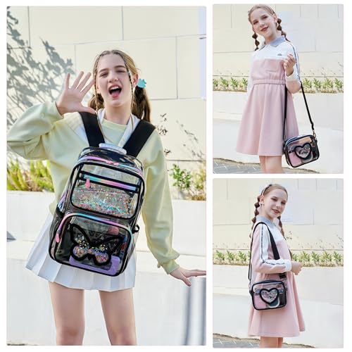Clear Backpack for Girls,Transparent Backpacks Crossbody Bag for Kids Heavy Duty See Through School Bag Clear Bookbag (Black1, Large) - color: Black1