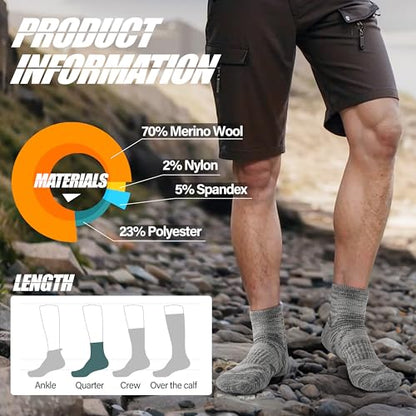 ANTSANG 6 Pairs Merino Wool Quarter Ankle Hiking Running Socks Compression Thermal Thick Cushion Socks for Women Men - color: Gray Series, size: Large