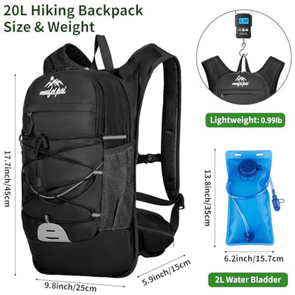 Hydration Backpack with 2L Water Bladder - 20L Water Backpack for Hiking, Cycling, Running, Biking, Lightweight Hiking Pack Bag for Women & Men with Trekking Pole Holders - color: Black With 2l Water Bladder