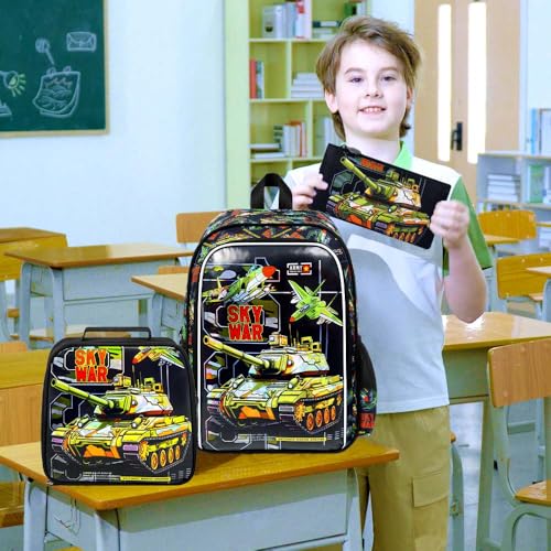 HPJGD 3PCS Tank Backpack for Kids, Water Resistant Boys Bookbag Set with Lunch Box, Cool School Bag for Elementary Preschool Toddler - Green Tank - color: Cool Uv Printed Mighty Tank Green