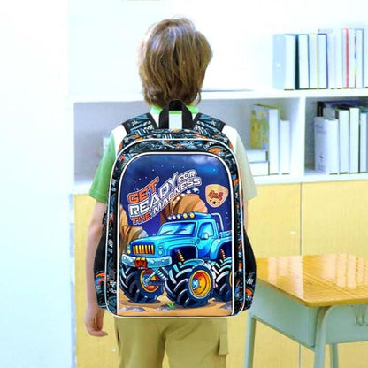 3Pcs Truck Backpack for Boys, 16" Bookbag with Lunch Box, Kids School Backpacks Set for Elementary Preschool Kindergarten (Balck) - color: Truck Blue