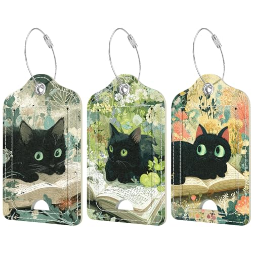 Rimilak 3 Pcs PU Leather Luggage Tags for Suitcase, Travel Cruise Luggage Tag with Privacy Flap, Name ID Label and Metal Loop for Women Men Baggage Handbag School Bag Backpack, Book Cat - color: Book Cat