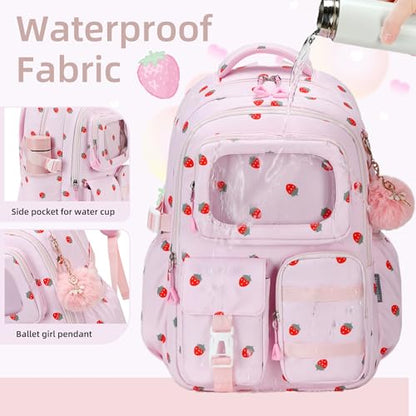 AO ALI VICTORY Backpack for Girls with Lunch Bag Kids School Bags for Elementary Middle School Students Cute Bookbag (strawberry) - color: Strawberry