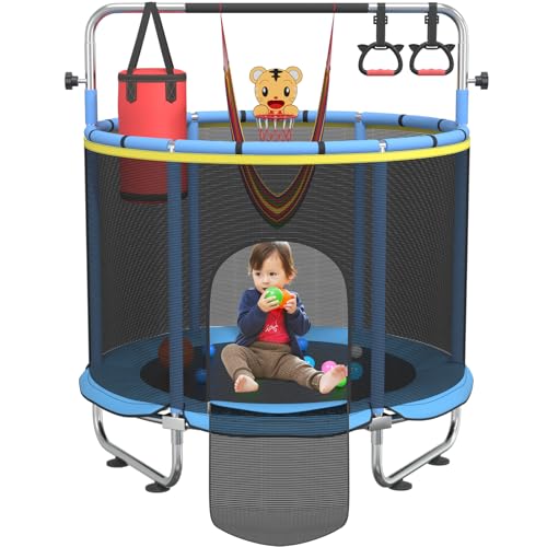 Trampoline for Kids, 55" Indoor & Outdoor Toddler Trampoline, Anti-Rollover Bottom Kids Toys with Adjustable Gymnastics Bars, Toddler Swing, Basketball Hoop - color: Blue