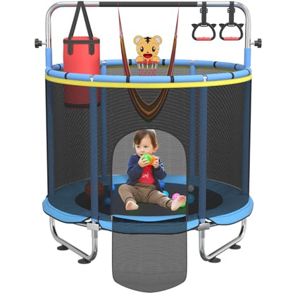 Trampoline for Kids, 55" Indoor & Outdoor Toddler Trampoline, Anti-Rollover Bottom Kids Toys with Adjustable Gymnastics Bars, Toddler Swing, Basketball Hoop - color: Blue