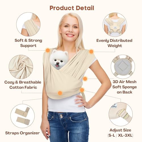 AnccoPlus Hands Free Dog Sling for Small Dogs, Dog Carrier, Beige, Plus | Reduces Back Pain, Front Facing Sling, Hands Free, Size Adjustable, Premium Cotton, Patented Product - color: Beige, size: Plus